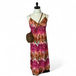 Stevie Lindsay Maxi‎ Dress Pink Brown Turquoise Sleeveless Smocked Boho
